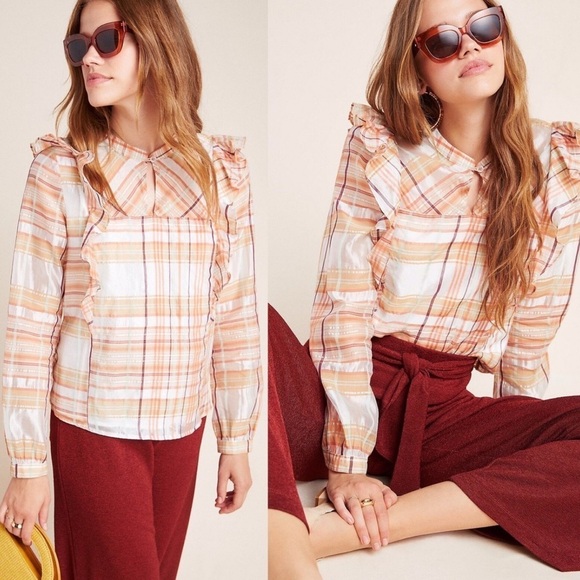 Current Air Tops - NWT Current Air Anthropologie Polly Organza Plaid Ruffle Yoke Blouse Size Small